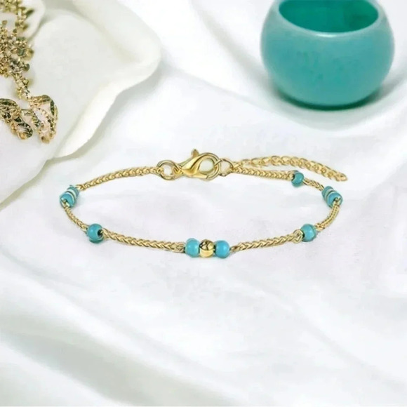 Turquoise Bead Bohemian Gold Anklet Bracelet - Picture 3 of 5